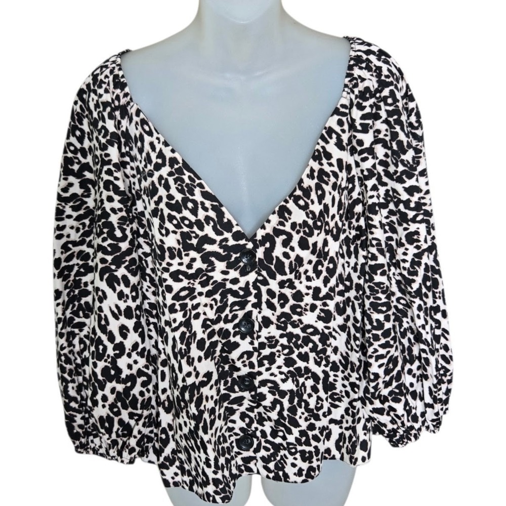 ASOS Design Womens Mob Wife Leopard Top Size 14 Puff Sleeve Button Front V Neck
